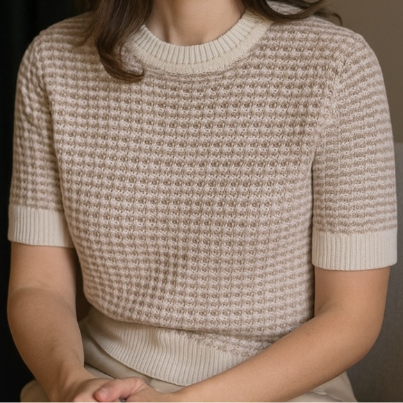 ADEAM Medium 6-8 Cream and Tan Basketweave Knit Top - Picture 1 of 6
